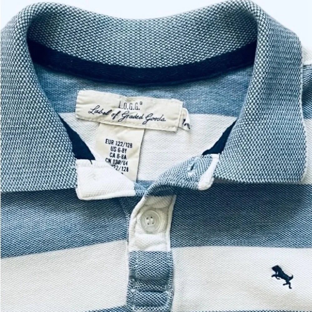 H & M L.O.G.G. polo shirt boy 6-8 years white/blue striped collar buttons cotton